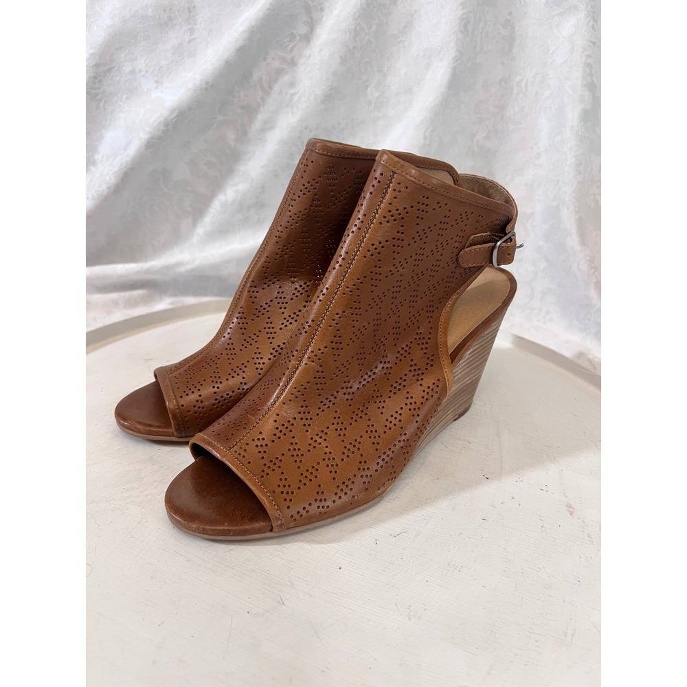Lucky Brand Risza Brown Leather Perforated Wedge Sandals 10 Open Toe Bootie